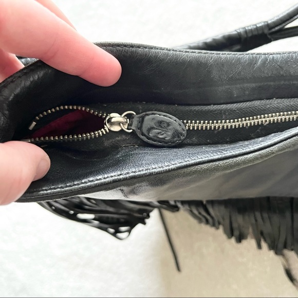 KATHERINE KWEI Black Leather And Metallic Fringe Hobo Purse Trendy Chic - Picture 4 of 11